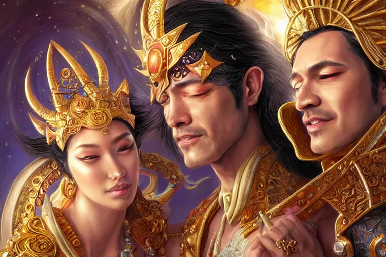 Image similar to close up moment of a divine a sun god and a moon goddess lovers magician at a wedding banquet, highly detailed, d & d, fantasy, highly detailed, digital painting, trending on artstation, concept art, sharp focus, asian feature, illustration, art by artgerm and daniel gerhartz and magali villeneuve