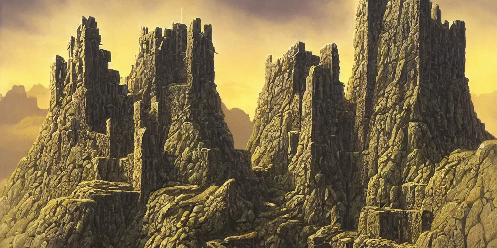 Prompt: artwork of the twin fortress by michael whelan, trending on artstation, cinematic view