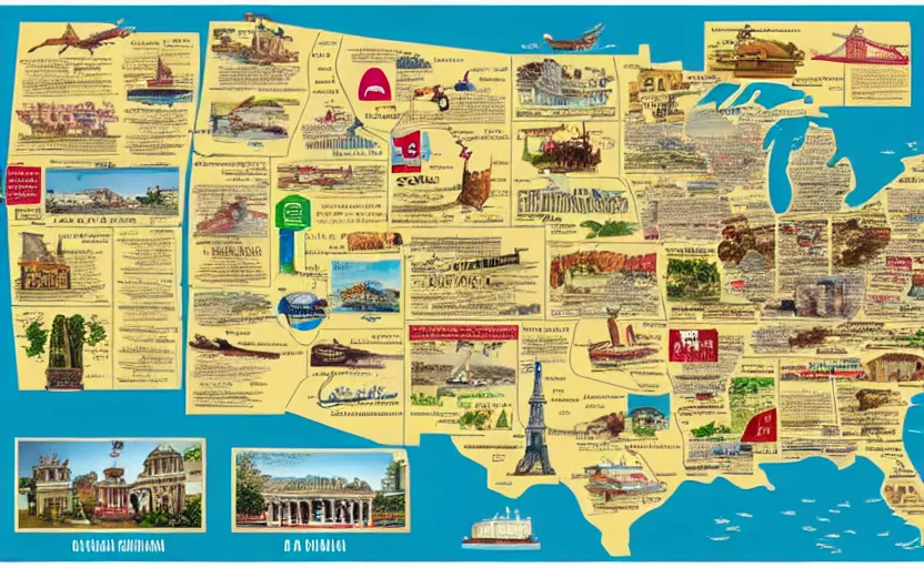 Prompt: toilets of america map, map key, tourist map, brochure, hd, detailed