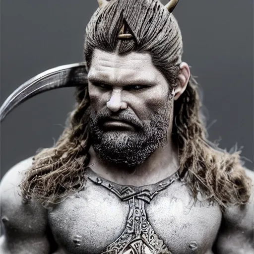 Image similar to of a viking from valhalla, wearing the horned helmet ultra fine detail, hair strands, ultra high resolution, fine texture detail, miniature painting techniques, perfect proportions, marvel cinematic universe, eric bana