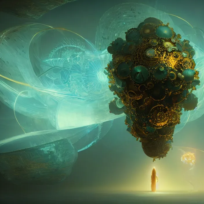 Prompt: a flower the whole within infinite capsule apparent with awe the apparition, an idea seep's into infinity highly detailed in volumetric latent space, golden turquoise steampunk, high contrast cinematic light, mystical shadows, sharp focus, divine realm of gods, octane render, artist by greg rutkowski,