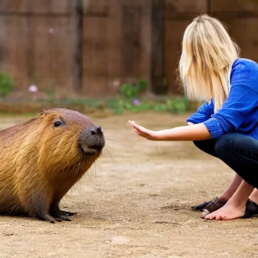 Prompt: woman praying to a capybara that is sitting on a pedastal