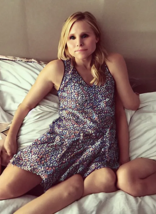 Image similar to through my eyes, first person view, my pov, kristen bell on my bed looking at me, on my bed