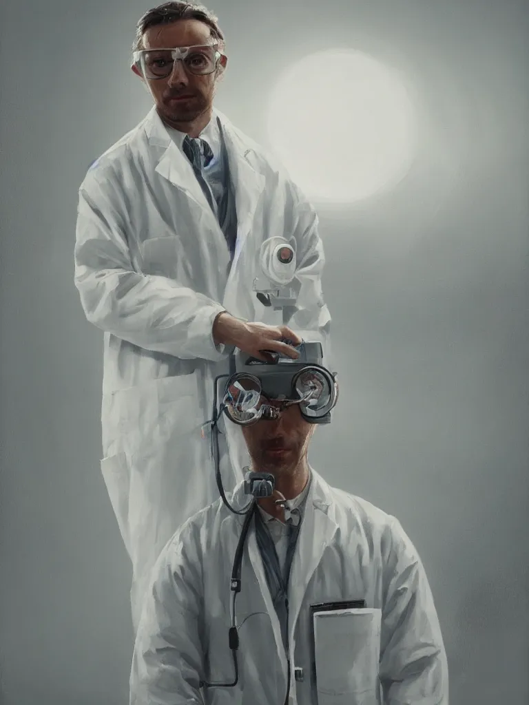 Image similar to a portrait of a scientist in a white coat in a painting from stalenhag, 4 k, 8 k, hdr, artstation, concept art