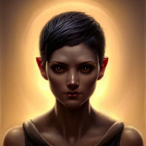 Prompt: portrait of a beautiful cute realistic determined female gnome engineer, black pixie undercut haircut, charming, intense stare, micro detail, intricate, elegant, highly detailed, centered, artstation, sharp focus, illustration, artgerm, tomasz alen kopera, peter mohrbacher, donato giancola, wlop