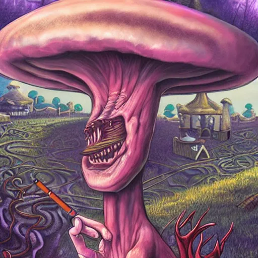 Image similar to A centered chest up portrait of a psychedelic demonic anthropomorphic snake smoking a hand-rolled cigarette smoking heavily , magic mushroom village in background , award winning. superb resolution. in the art style of junji Ito and greg rutkowski . Detailed Mushroom city in background. Hyper realistic anime. Perfect art. Dalle2