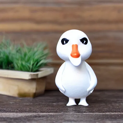 Image similar to Anthro goose in a white tuxedo, vinyl toy figurine