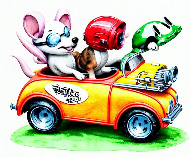 Image similar to cute and funny, puppy wearing a helmet riding in a tiny hot rod with an oversized engine, ratfink style by ed roth, centered award winning watercolor pen illustration, isometric illustration by chihiro iwasaki, edited by range murata, tiny details by artgerm and watercolor girl, symmetrically isometrically centered, sharply focused