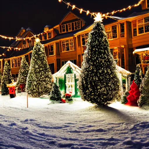 Prompt: Christmas village with snow at night horror atmosphere scary lighting string lights silhouette in the distance photorealistic HDR