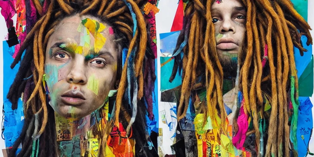 Image similar to dreadlocks chillin, collage paper and tape, acrylic on canvas, hyperrealism mixed with expressionism, high resolution, cinematic, unreal 6 breathtaking detailed, by blake neubert