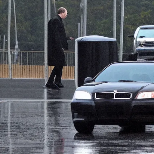 Prompt: hyper realistic photo of putin walking to his car his car is a limo and it is raining photo - realistic