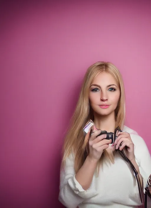 Prompt: head to waist photograph of an extremely beautiful!!!! blond young female , symmetric face!, symmetric round detailed eyes!!, slight smile, studio light, wearing pink chanel outfit !! hodling a pink vintage rotary phone l! plain pink studio background ff94b5. looking at the camera!!. . super resolution. Extremely detailed. fashion editorial