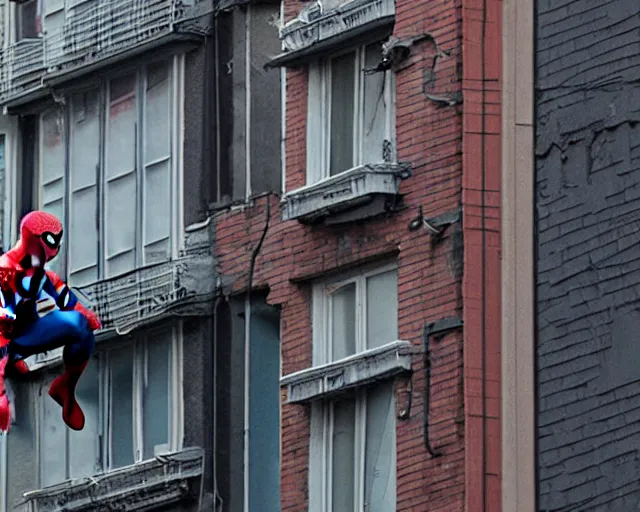 Image similar to photograph of spider - man on a building movie set