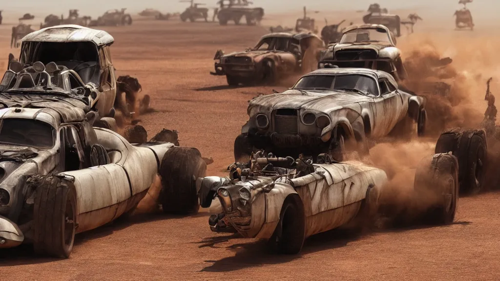 Image similar to mad max cars in a pixar movie