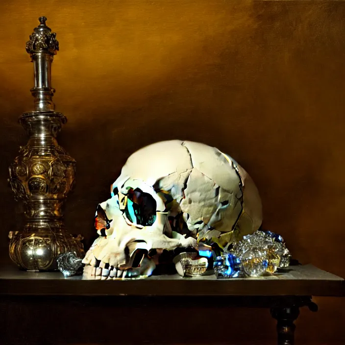 Image similar to still life painting of a skull with neon glowing crystal eyes, surrounded by various crystals, by pieter claesz, oil on canvas, strong lighting, highly detailed, hyper realism, golden hour, god rays, hd, 4 k