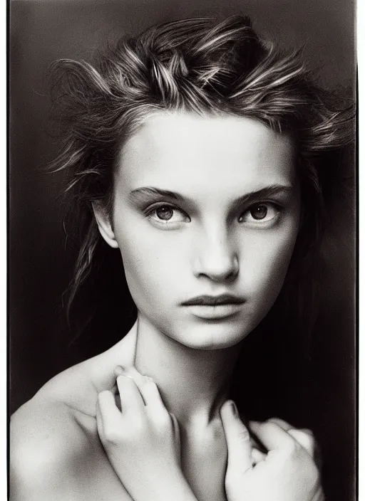 Prompt: half - length portrait of cute model, fine art portrait photography by richard avedon