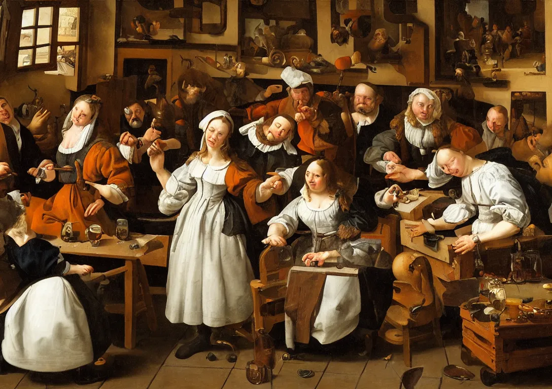 Prompt: Jan Steen. One Beautiful woman symmetric in the center looking at us. Pig, dog, duck, window. Netherlands tavern, low ceiling, small chamber. Hyperrealistic, ultra detailed, 80mm, museum, artwork. Daylight.