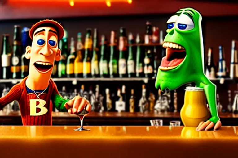 Image similar to a anthropomorphic bottle of beer standsin front of a bar yelling at the bar tender, pixar