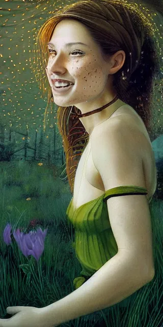 Image similar to young woman, fit body, serene smile, spiritual scene, surrounded by golden firefly lights amidst nature, fully covering intricate dress, long red hair, precise linework, accurate green eyes, small nose with freckles, beautiful smooth oval shape face, empathic, expressive emotions, hyper realistic ultrafine art by artemisia gentileschi, jessica rossier, boris vallejo