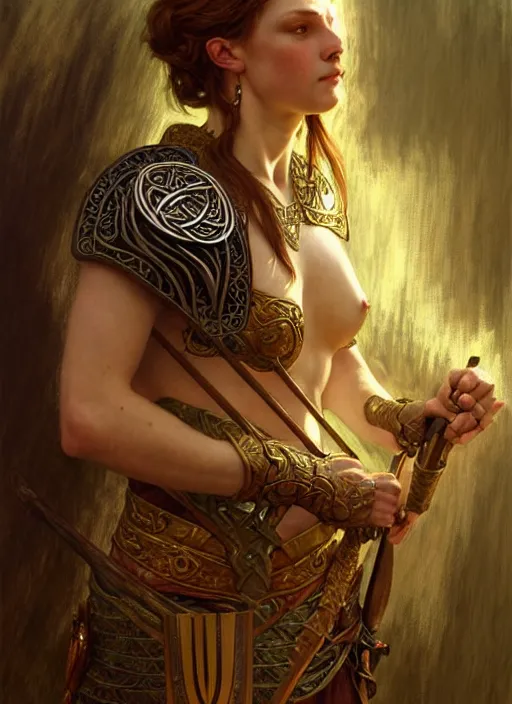 Image similar to ancient Celtic warrior, diffuse lighting, fantasy, intricate, elegant, highly detailed, lifelike, photorealistic, digital painting, artstation, illustration, concept art, smooth, sharp focus, art by John Collier and Albert Aublet and Krenz Cushart and Artem Demura and Alphonse Mucha