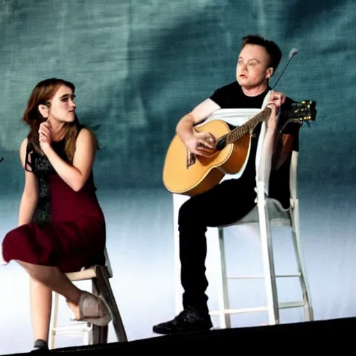 Image similar to elon musk & emma watson performing at woodstock