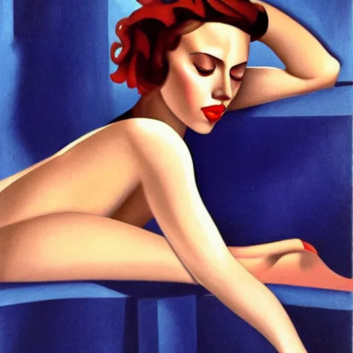 Image similar to Scarlett Johansson bathing, full body, in the style of Tamara de Lempicka