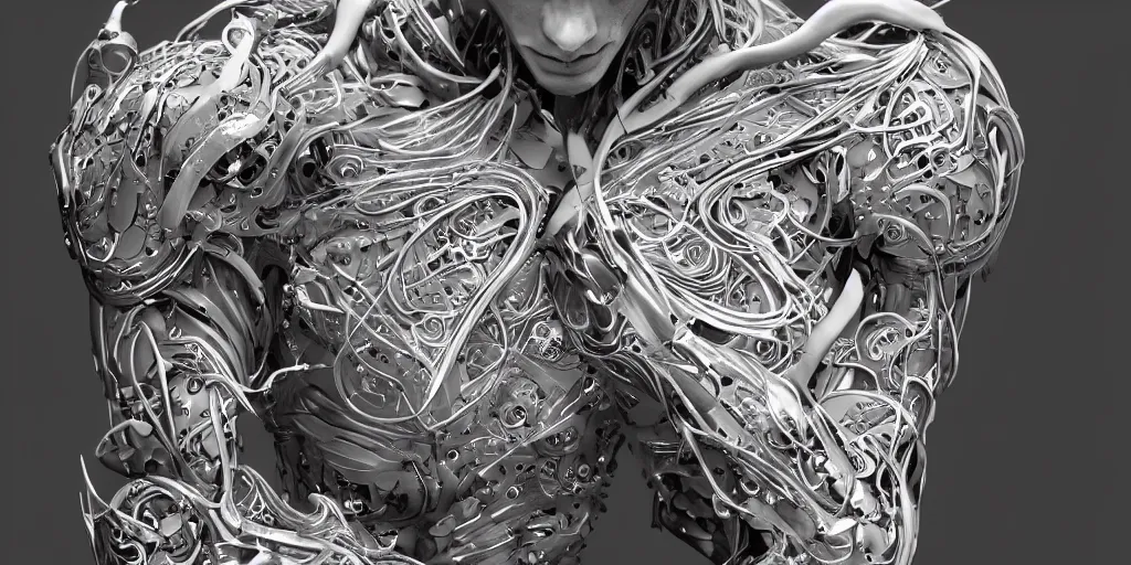 Image similar to hyper realistic photography of a stunningly beautiful cyborg male, plated arm, intimate, chest, holding close, ribbons, in the style of beth cavener, jin kagetsu,, and wlop, highly detailed, intricate filigree, symmetry, masterpiece, award winning, sharp focus, concept art, highkey lighting, ambient lighting, octane render, 8 k, artstation