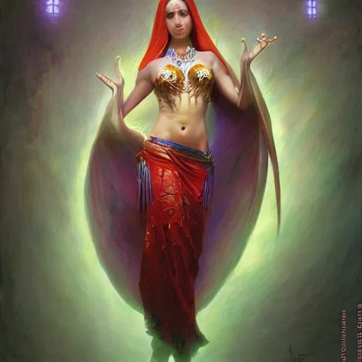 Image similar to cute female bellydancer dragon, ultra realistic, anthropomorphic, stuning 3 d render, masterpiece, glowing holy aura, by donato giancola and greg rutkowski and wayne barlow and zdzisław beksinski, realistic face