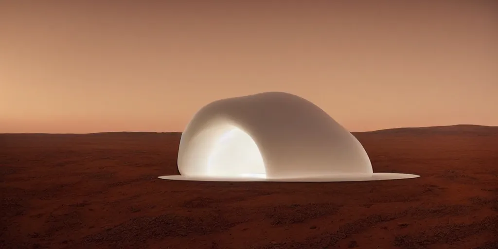 Prompt: a strange huge translucent pvc inflated organic architecture building white by jonathan de pas sits in the planet mars landscape, golden hour, film still from the movie directed by denis villeneuve with art direction by zdzisław beksinski, close up, telephoto lens, shallow depth of field