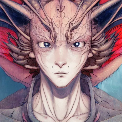 Image similar to prompt : dragon character portrait soft light painted by james jean and katsuhiro otomo and erik jones, inspired by evangeleon anime, smooth face feature, intricate oil painting, high detail illustration, sharp high detail, manga and anime 1 9 9 9