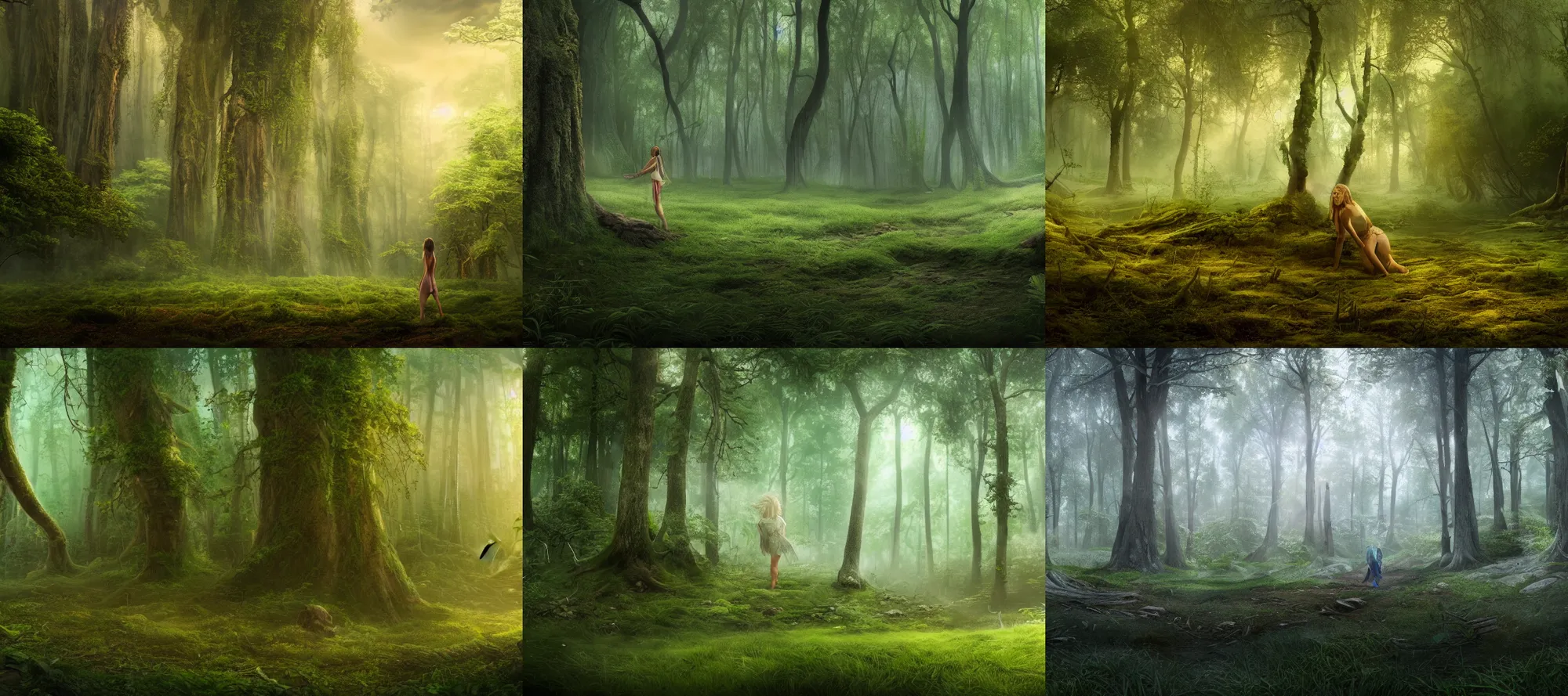 Prompt: A forest nymph leaves her forest, matte painting, settlement, wide shot, 4k,