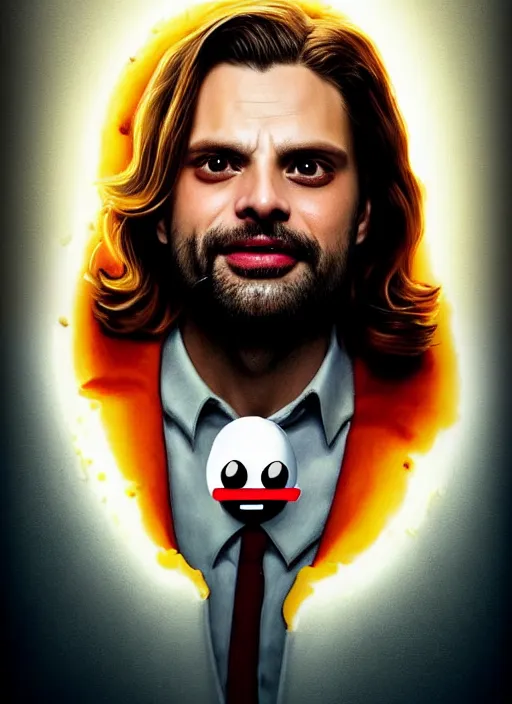 Image similar to highly detailed comedy caper movie poster with flan pudding faced sebastian stan as a sentient flan pudding, sebastian stan face made from flan pudding by greg rutkowski, masterpiece, 1 0 / 1 0