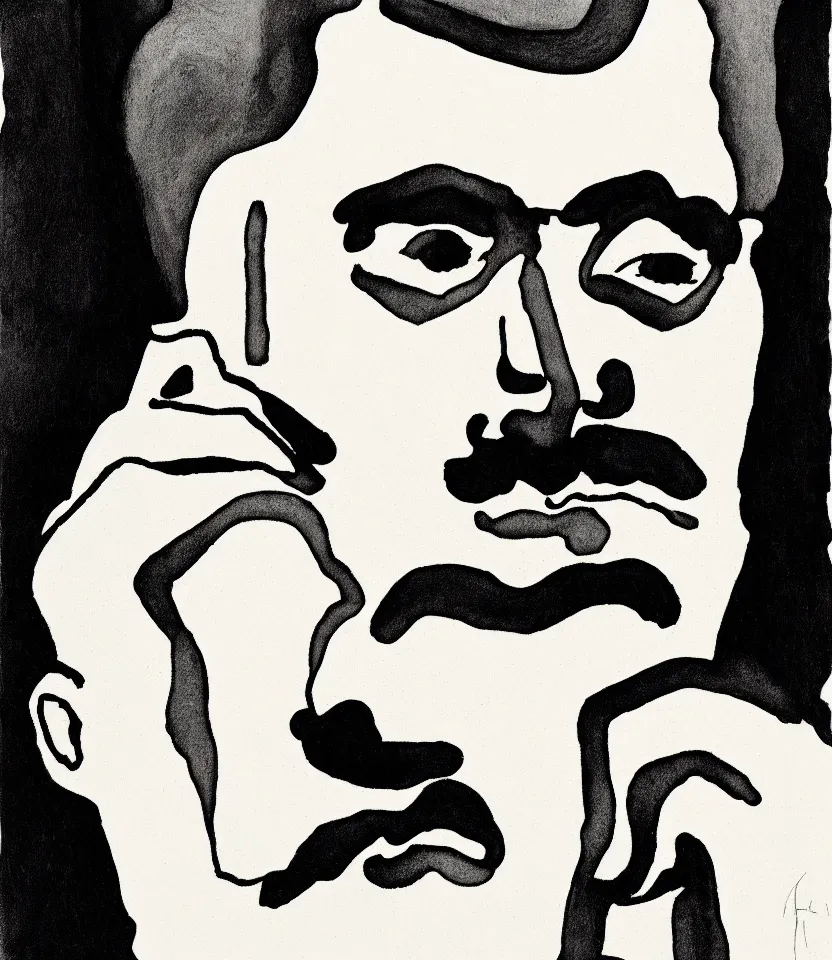 Prompt: elegant ultrafine line art portrait of german philosopher frierich nietzsche, inspired by egon schiele. contour lines, musicality, twirls and curves, strong personality, minimalism
