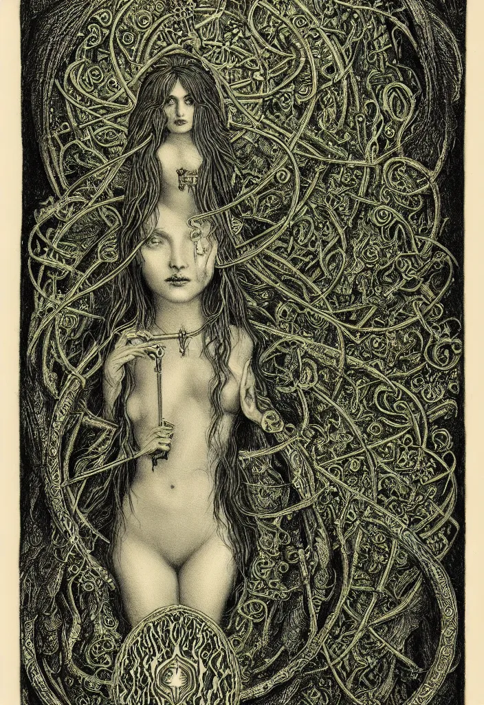 Prompt: tarot card of hecate the gloomy and beautiful goddess of witchcraft, torches, ancient keys, smokes, gustave dore, andrey remnev, black paper, etching, engraving, intricate line work, green line work details, mandelbulb fractal, portrait, trending on artstation, exquisite details, risography print, 4 k, 4 k