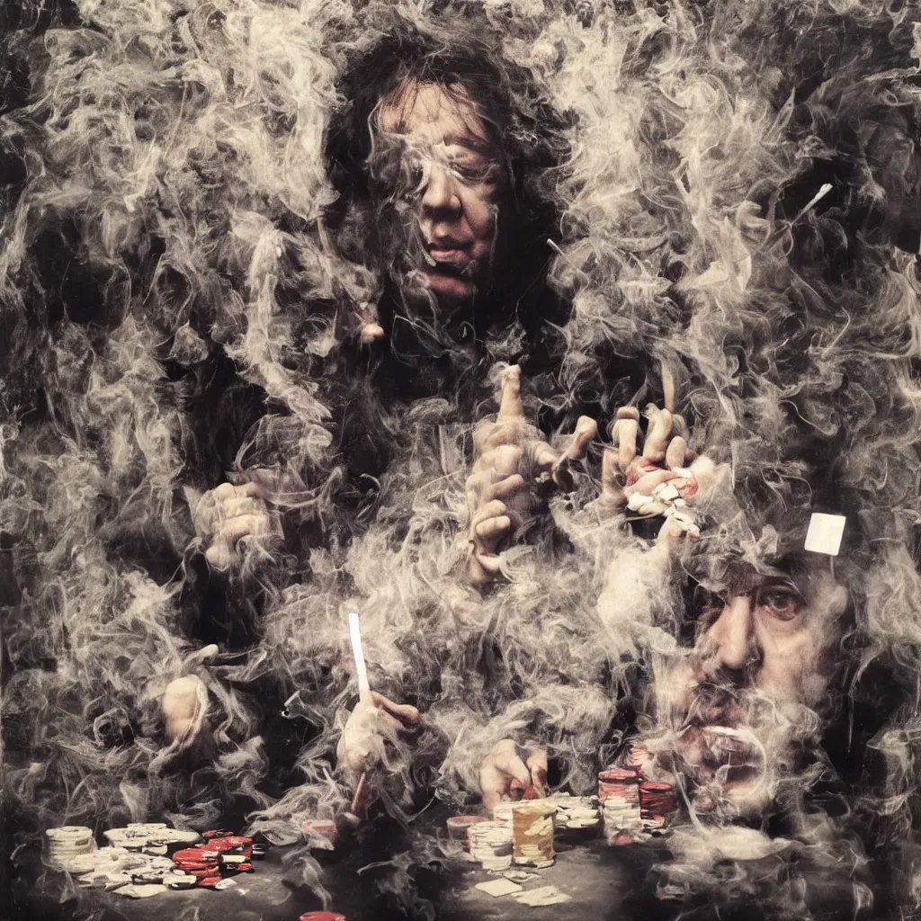 Prompt: bill hicks smoking playing poker. vivid colors, by GREgory crewdson, nicola samori and jenny saville