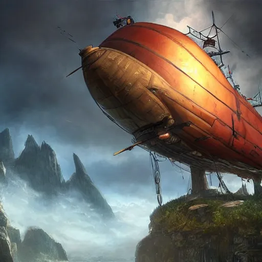 Prompt: sky-pirate with long red hair standing in front of an airship, realistic, ultra detailed, menacing, powerful, dark, shallow focus, forest, mountains in the background concept art design as if designed by Wētā Workshop