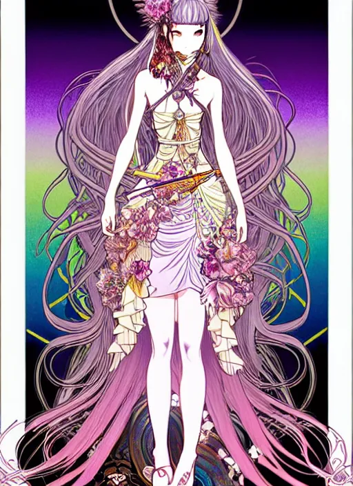 Image similar to highly detailed terada katsuya minaba hideo legend of the cryptids atrstation manga poster of princess mechine, rainbow gradient reflection, long hair, armor, dress, laces, ruffles, 8 k, maximalist, alphonse mucha