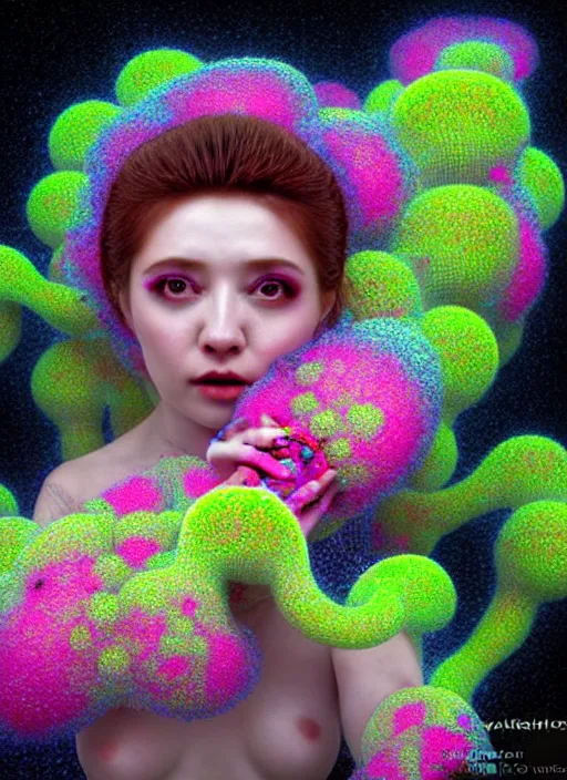 Image similar to hyper detailed 3d render like a Oil painting - kawaii Aurora (Singer) seen Eating of the Strangling network of yellowcake aerochrome and milky Fruit and Her delicate Hands hold of gossamer polyp blossoms bring iridescent fungal flowers whose spores black the foolish stars by Jacek Yerka, Mariusz Lewandowski, Houdini algorithmic generative render, Abstract brush strokes, Masterpiece, Edward Hopper and James Gilleard, Zdzislaw Beksinski, Mark Ryden, Wolfgang Lettl, hints of Yayoi Kasuma, octane render, 8k