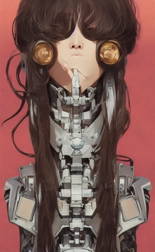 Prompt: girl, fused mecha robot parts, cyborg, vintage clothing, anime style, long hair, hair down, symmetrical facial features, from arknights, hyper realistic, 4 k, rule of thirds, extreme detail, detailed drawing, trending artstation, hd, d & d, realistic lighting, by alphonse mucha, greg rutkowski, sharp focus, backlit