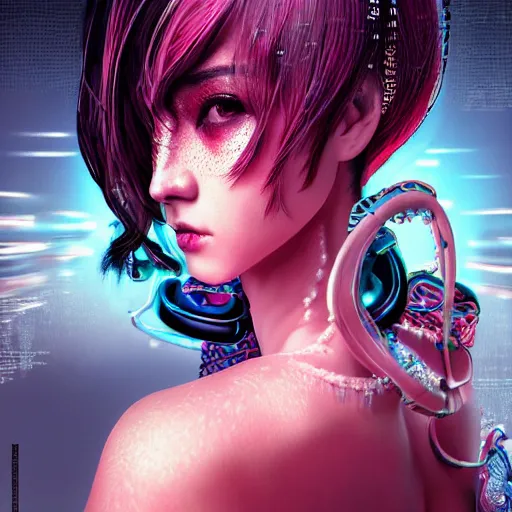 Prompt: the portrait of an absurdly beautiful, graceful, elegant, sophisticated, fashionable cyberpunk gravure idol, an ultrafine hyperdetailed illustration by kim jung gi, irakli nadar, intricate linework, bright colors, porcelain skin, unreal engine 5 highly rendered, ai concept art, global illumination, radiant light, detailed and intricate environment