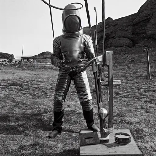 Prompt: wide angle photo of viking wearing space suit helmet and viking armor working on the antigravity gun ancient device, tools and junk on the ground,wires and lights, old village in the distance, vintage old photo, black and white, sepia