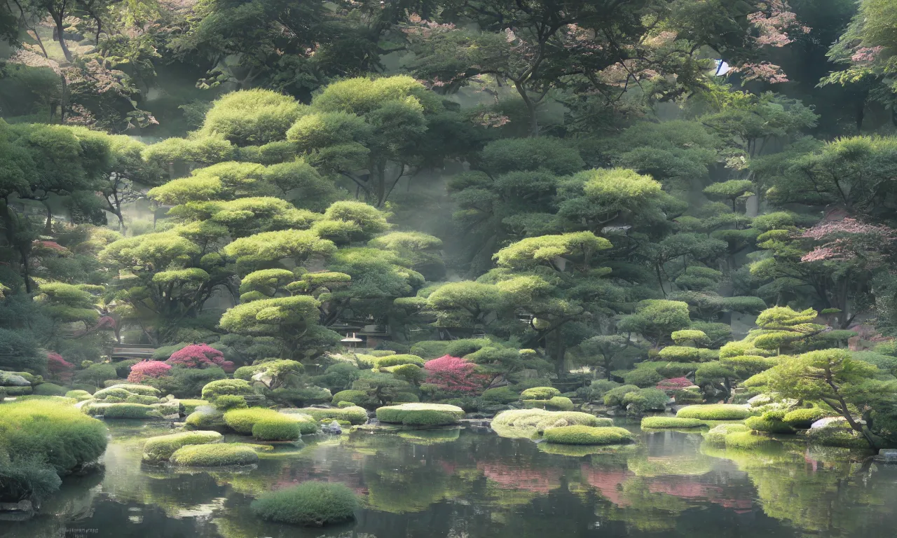 Image similar to A peaceful and idyllic view of a Japanese garden, peaceful, calming, soft light, high detailed, illustration, watercolor brush strokes, trendy on artstation, by Yann Dalon and Mandy Jurgens