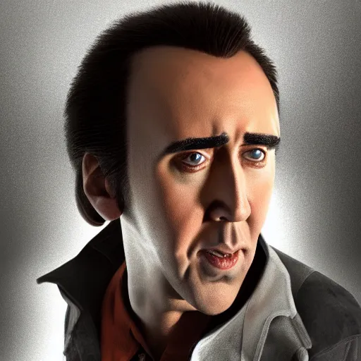 Image similar to Nicolas Cage is cutting a clockwork orange, artstation, epic lighting, octane render, ultra high resolution, 8k, hyper realistic,