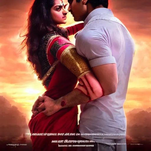 Prompt: perfectly centered bollywood movie promotional poster of anatomically correct hero and heroine intimate romantic pose, faces symmetrical ; real life portrait, ultra realistic, high coherence, intricate, hdr, highly detailed, photorealistic, octane render, 8 k, unreal engine ; art by artgerm, greg rutkowski, charlie bowater