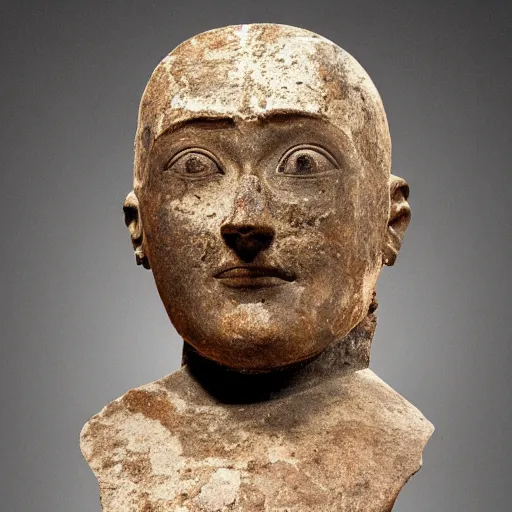 Image similar to an extremely ancient ironman bust that is tarnished and covered in sediment from uncovered earth expedition, rare photograph, smithsonian,
