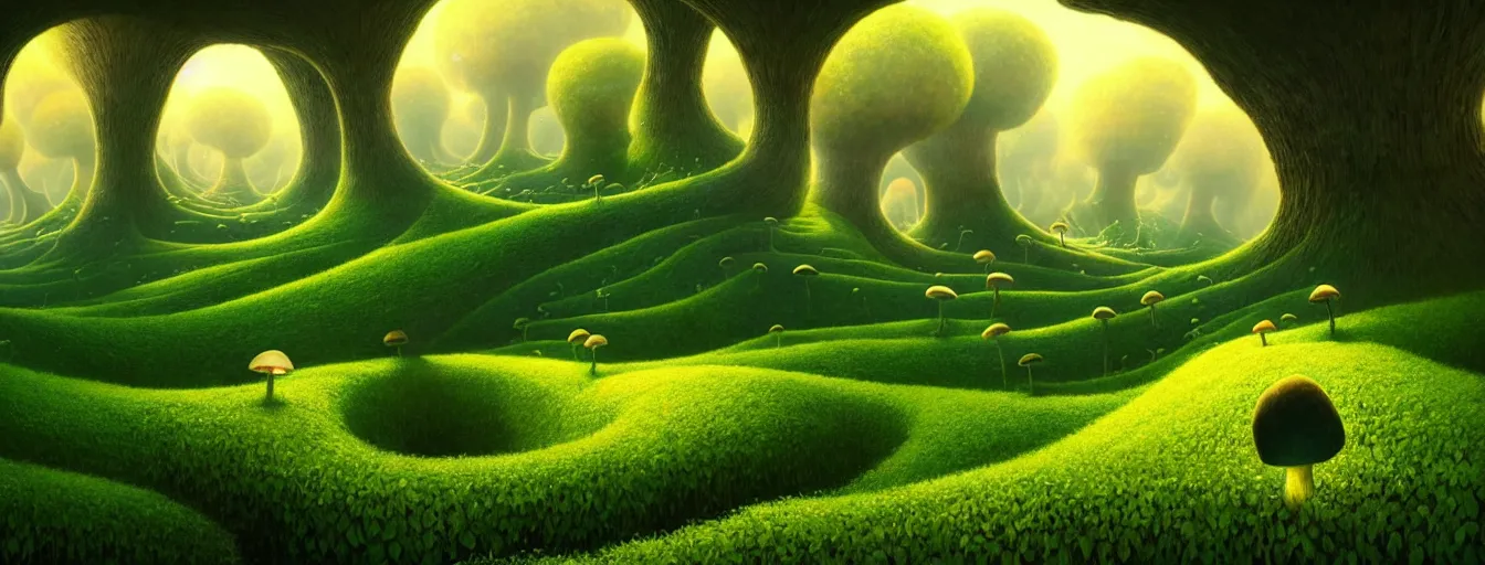 Image similar to gediminas pranckevicius beautiful and stunning professional digital artwork of a glowing mushroom cave haze spores floating in the air vines flow water volumetric lighting, hyperrealistic, rtx on, ultra detail, barlowe wayne, maxfield parrish and marco mazzoni, holes, infinite mirror, fragments | no signature!