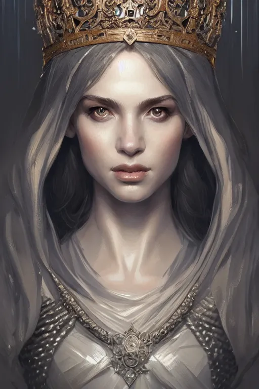 Image similar to highly detailed portrait of an elegant goddess, ornate crown, beautiful symmetrical face, digital painting, artstation, concept art, smooth, clear focus, illustration, greg rutkowski, artgerm, global lighting, detailed and fantasy