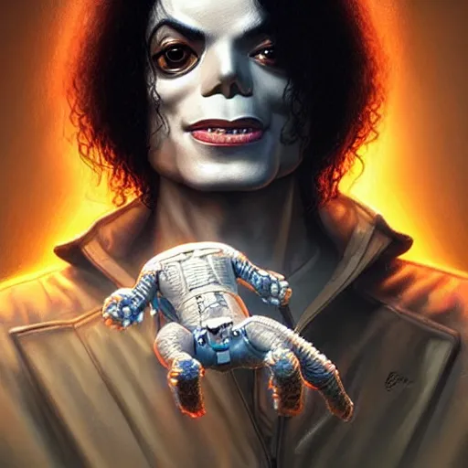 Image similar to cyborg michael jackson with a cyborg chimp, anatomy, bathed in light, highly detailed, photorealistic, artstation, smooth, sharp focus, illustration, unreal engine 5, 8 k, art by artgerm and greg rutkowski and edgar maxence