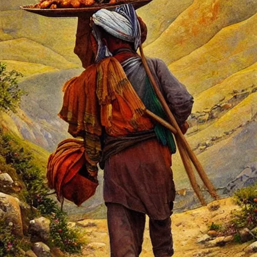 Prompt: kurdish kolbar man walking up a mountain carrying lots of goods on his back, beautiful painting by henry justice ford, incredible detail, award winning art