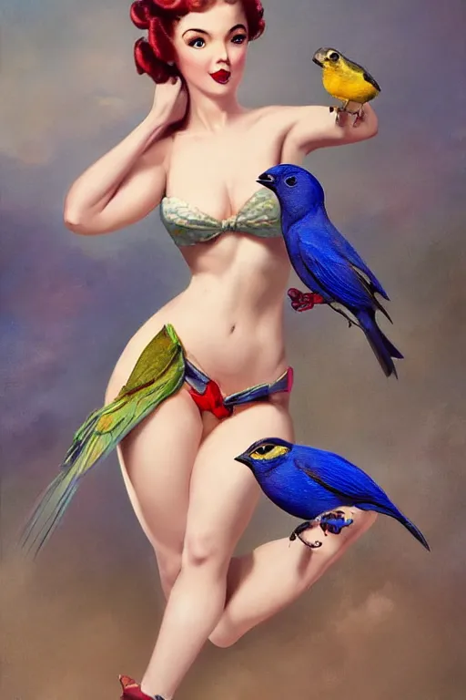 Image similar to pinup girl holding an indigo bunting, bird, the bird is wearing a bowtie by greg rutkowski, rossdraws, gil elvgren, enoch bolles, anime, porcelain skin, glistening, very coherent, ruffled plumage, hyper realistic painting, fashion lighting